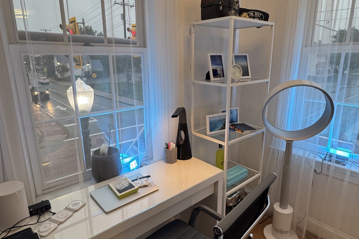 A bright, focused workspace at The Hive set up for a productive day
