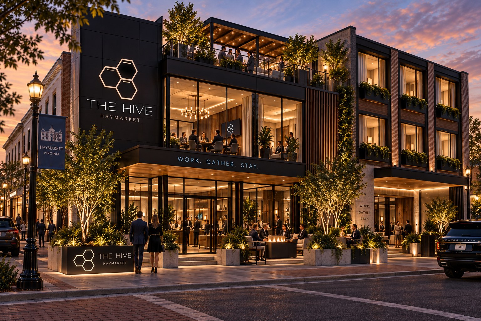 Architectural concept rendering of a future three story Hive building in Haymarket at dusk, with a lit rooftop terrace, glass ground floor and warm street level lighting