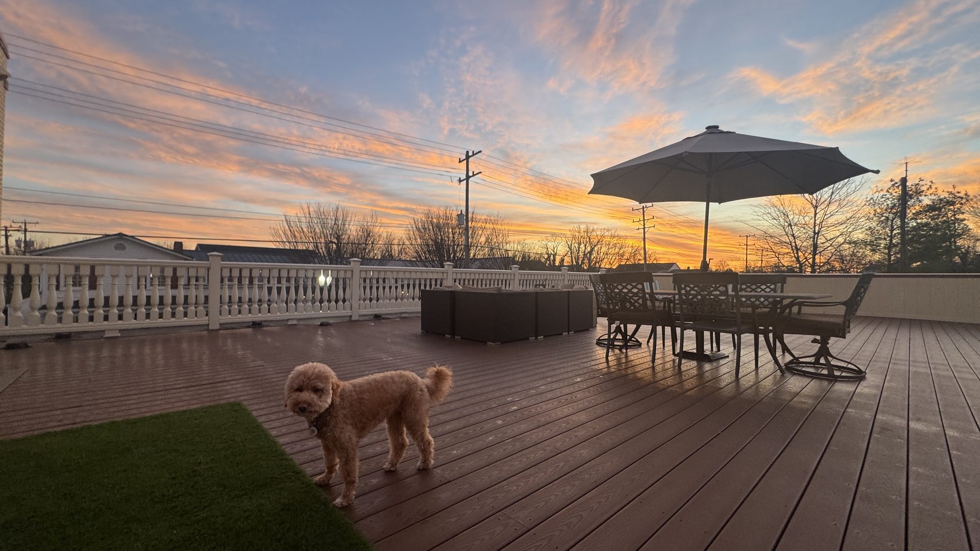The Hive's rooftop terrace at golden hour with a shade umbrella and patio seating